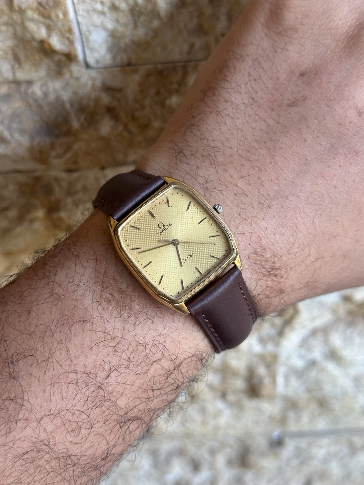 Vintage Omega De Ville 191.0182 Gold Plated Quartz 30x37mm Tapestry Dial Boxed