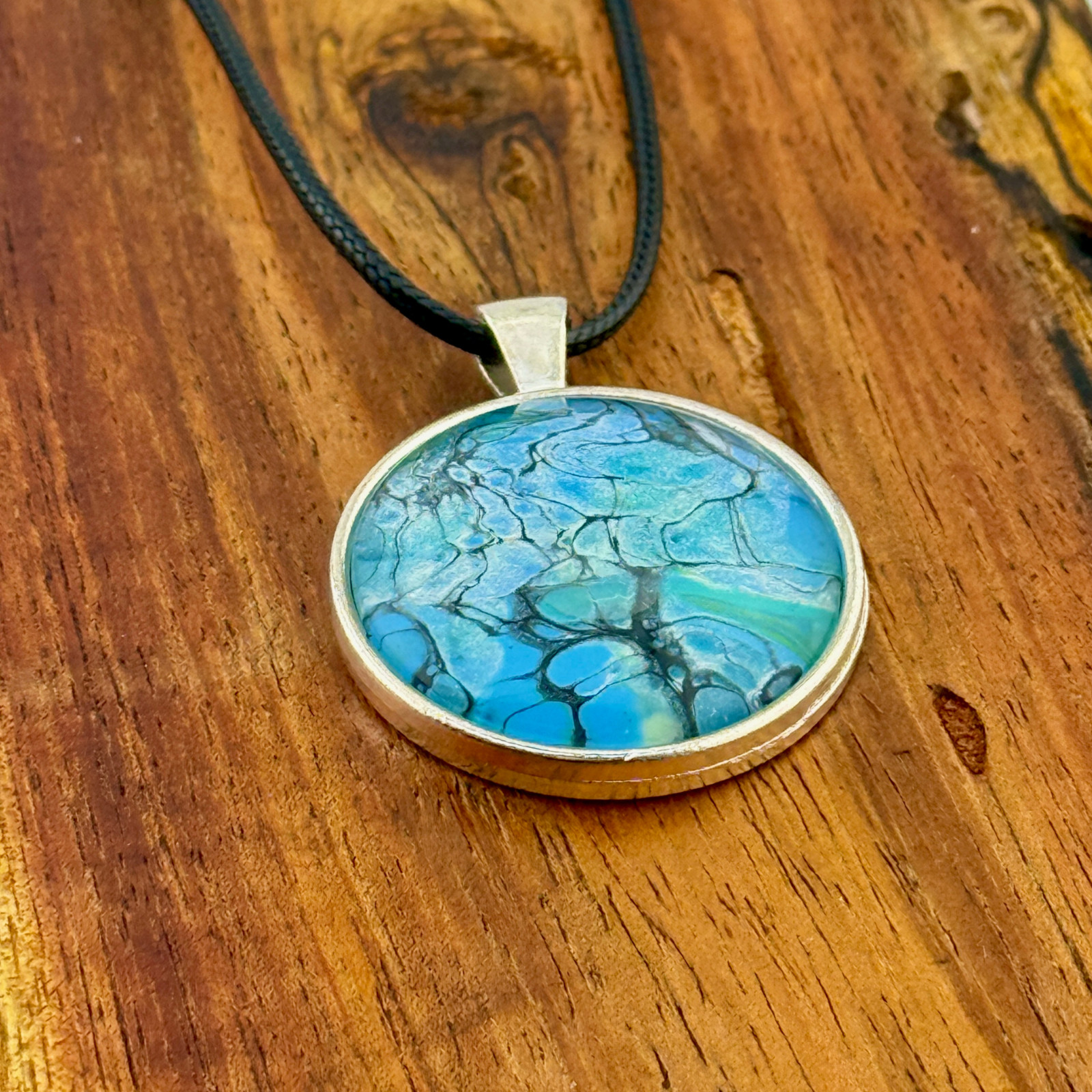 Pendant Necklace Handmade “Alaska Waters” Silver Bezel 30mm Black Cord