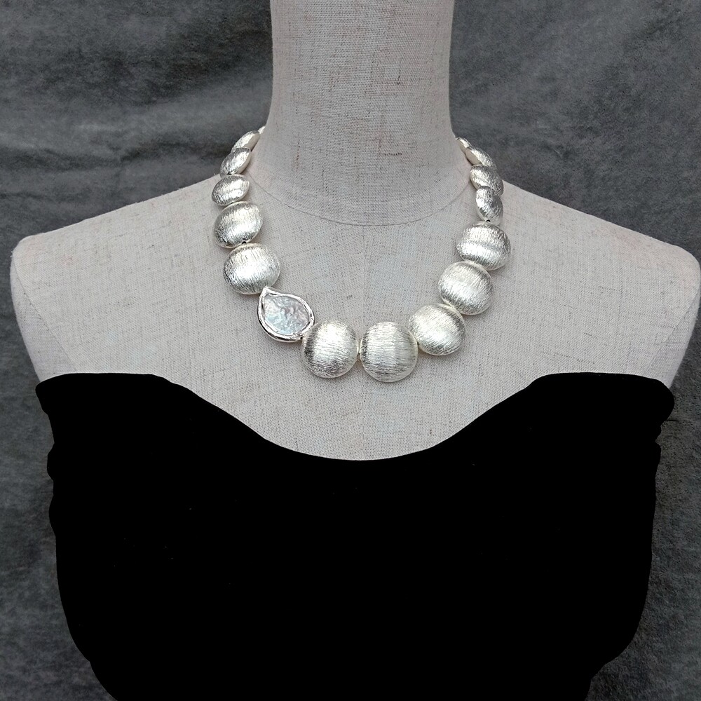 Freshwater White Coin Pearl Silver Color Brushed Coin Bead Graduated Necklace
