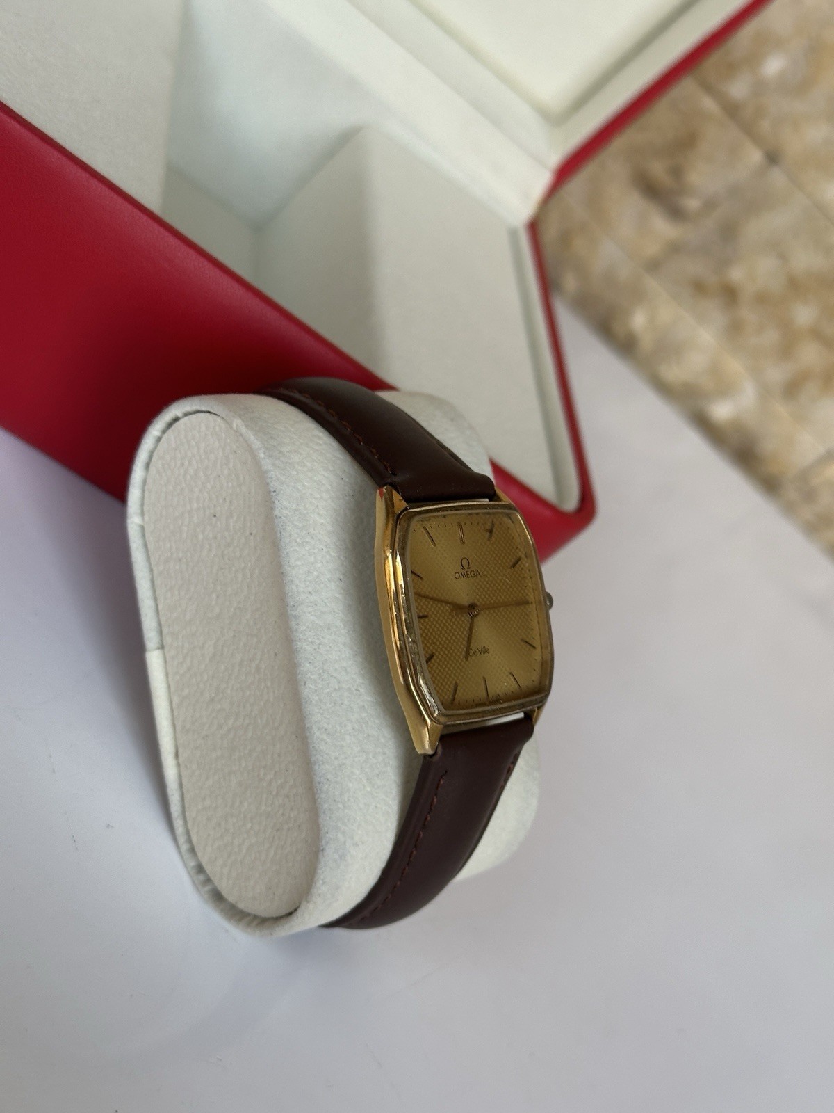 Vintage Omega De Ville 191.0182 Gold Plated Quartz 30x37mm Tapestry Dial Boxed