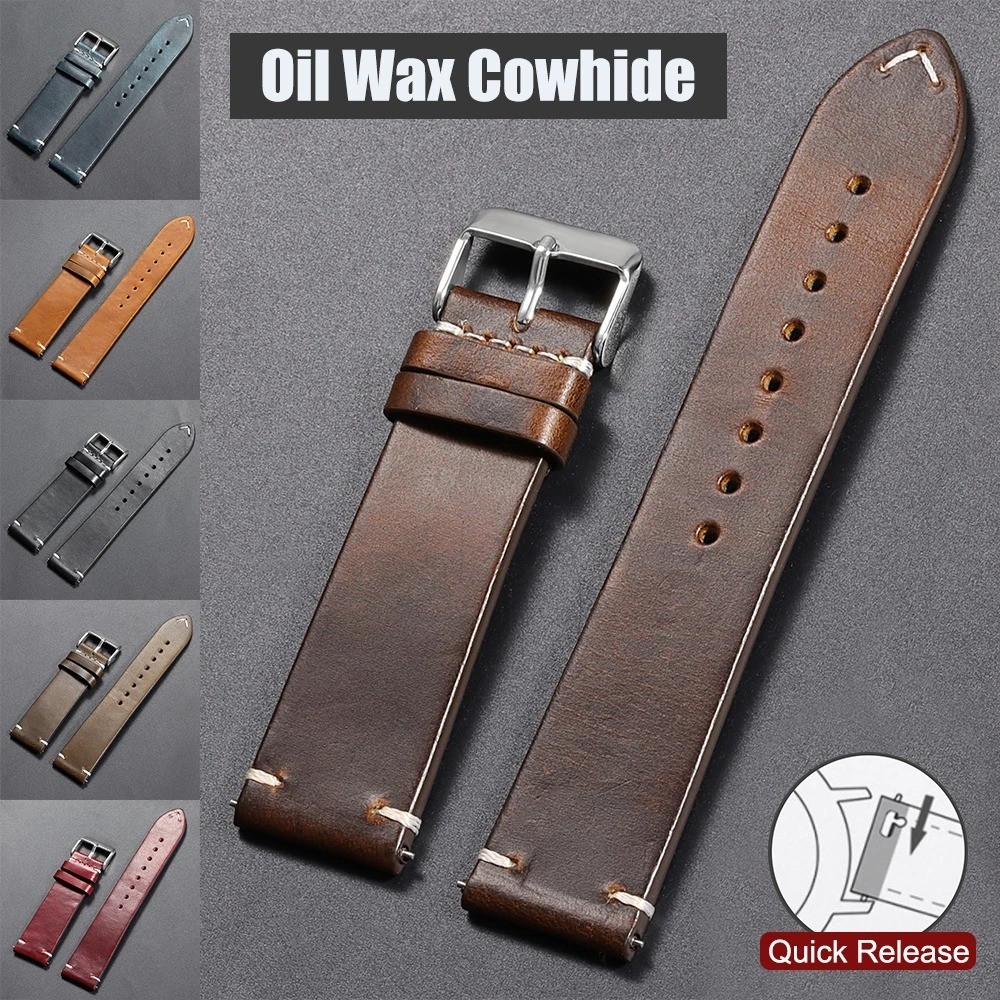 Vintage Oil Waxed Cowhide Watch Strap Quick Release genuine Leather band 18-24mm