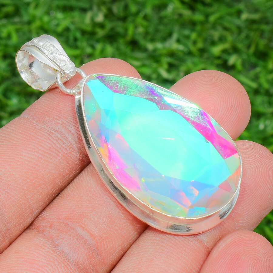 Rainbow Fire Topaz Gemstone Handmade 925 Sterling Silver Jewelry Wedding Pendant