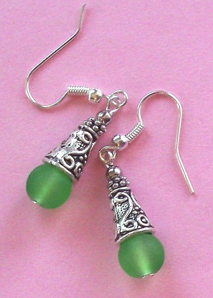 GREEN BEACH FROST GLASS earring SP FISH HOOK artisan