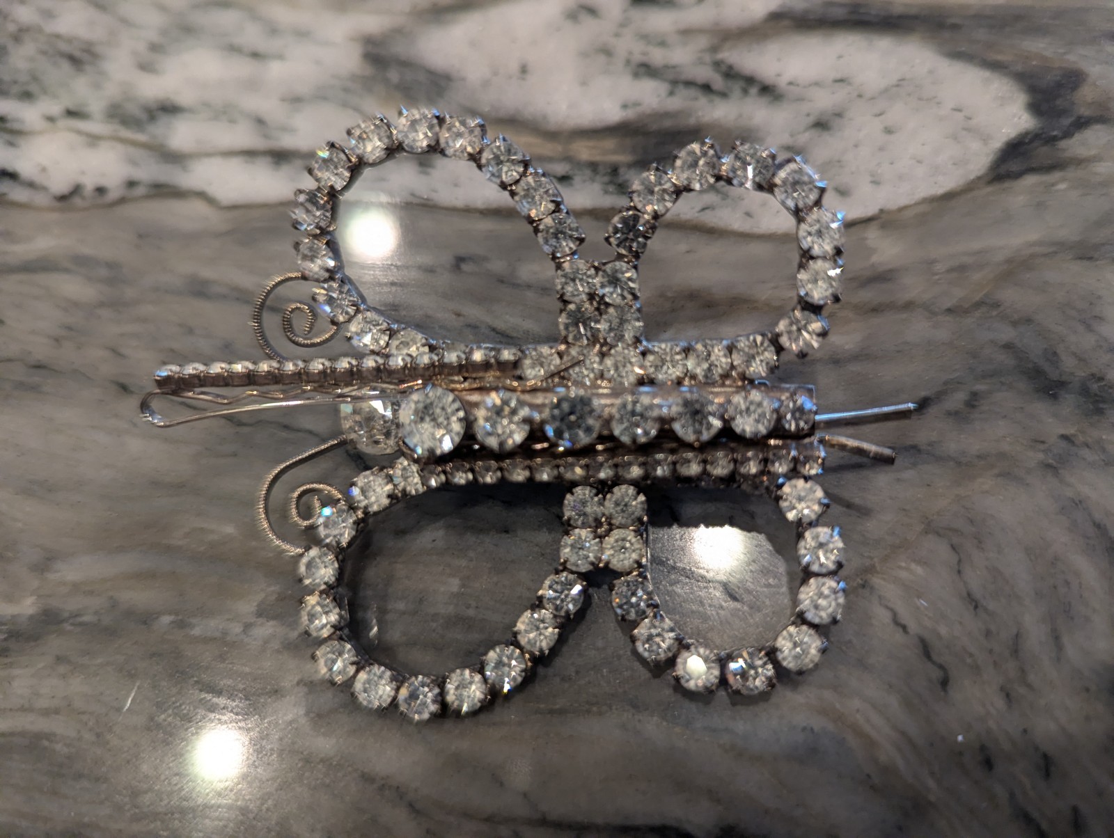 Antique Butterfly Brooch w Removable Hairpins Foil Back Strass Paste…