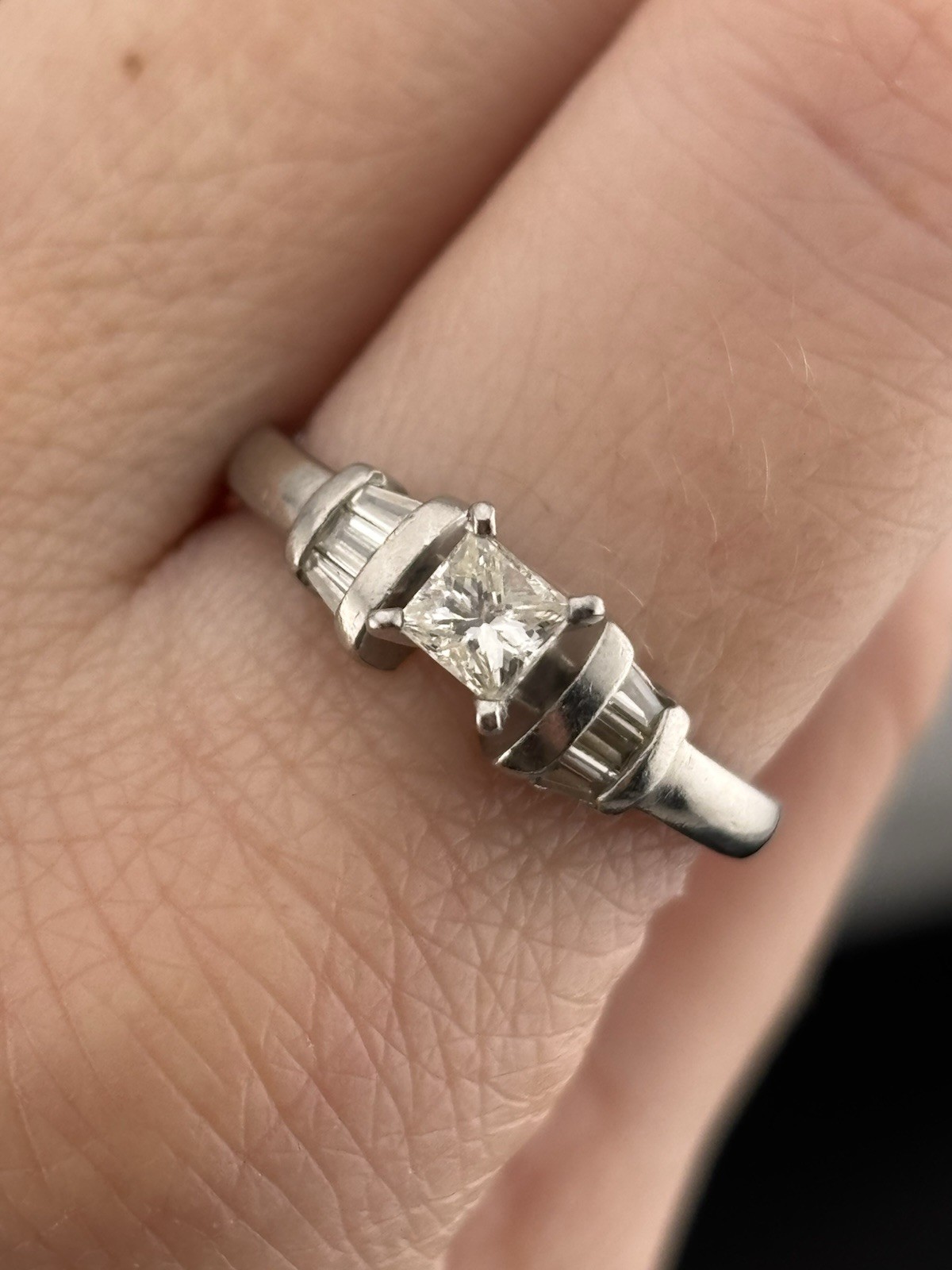 Estate 950 Platinum Princess Cut Diamond Engagement Ring w Tapered Baguette sz 7