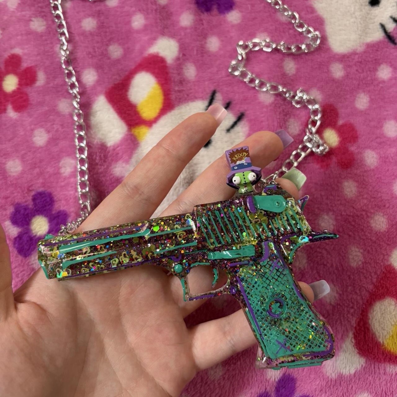 Handmade glitter gun charm pendant necklace green purple with little gir charm