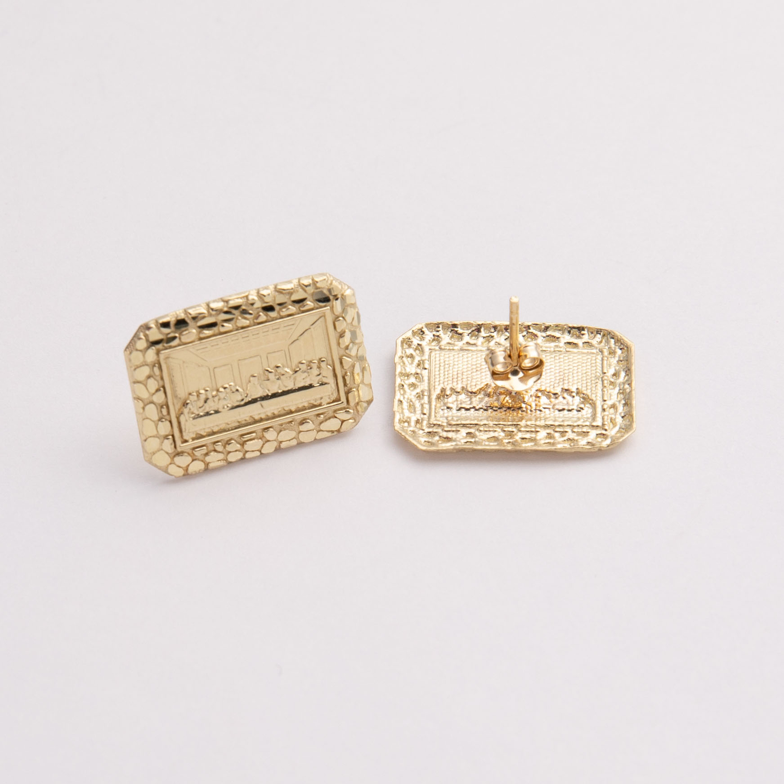 Solid 10K 1/2″ Diamond-Cut Last Supper Nugget Stud Earrings Yellow Gold All Size