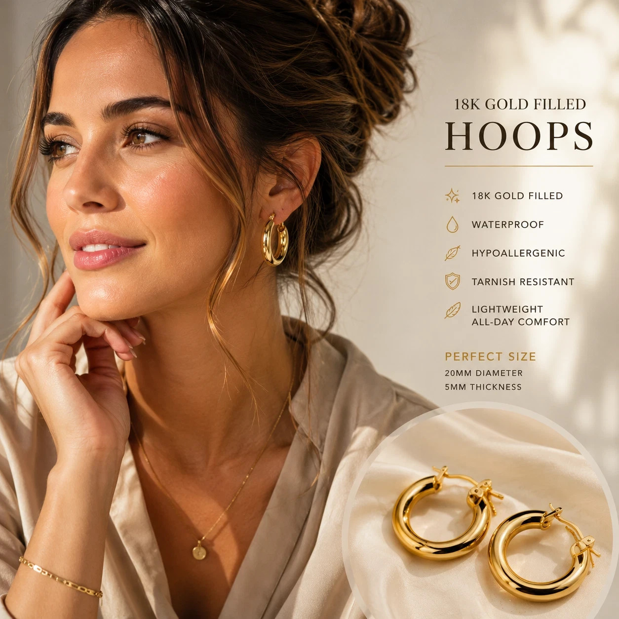 18k Gold Filled Hoops 2 pairs, everyday wear, waterproof, earrings for women