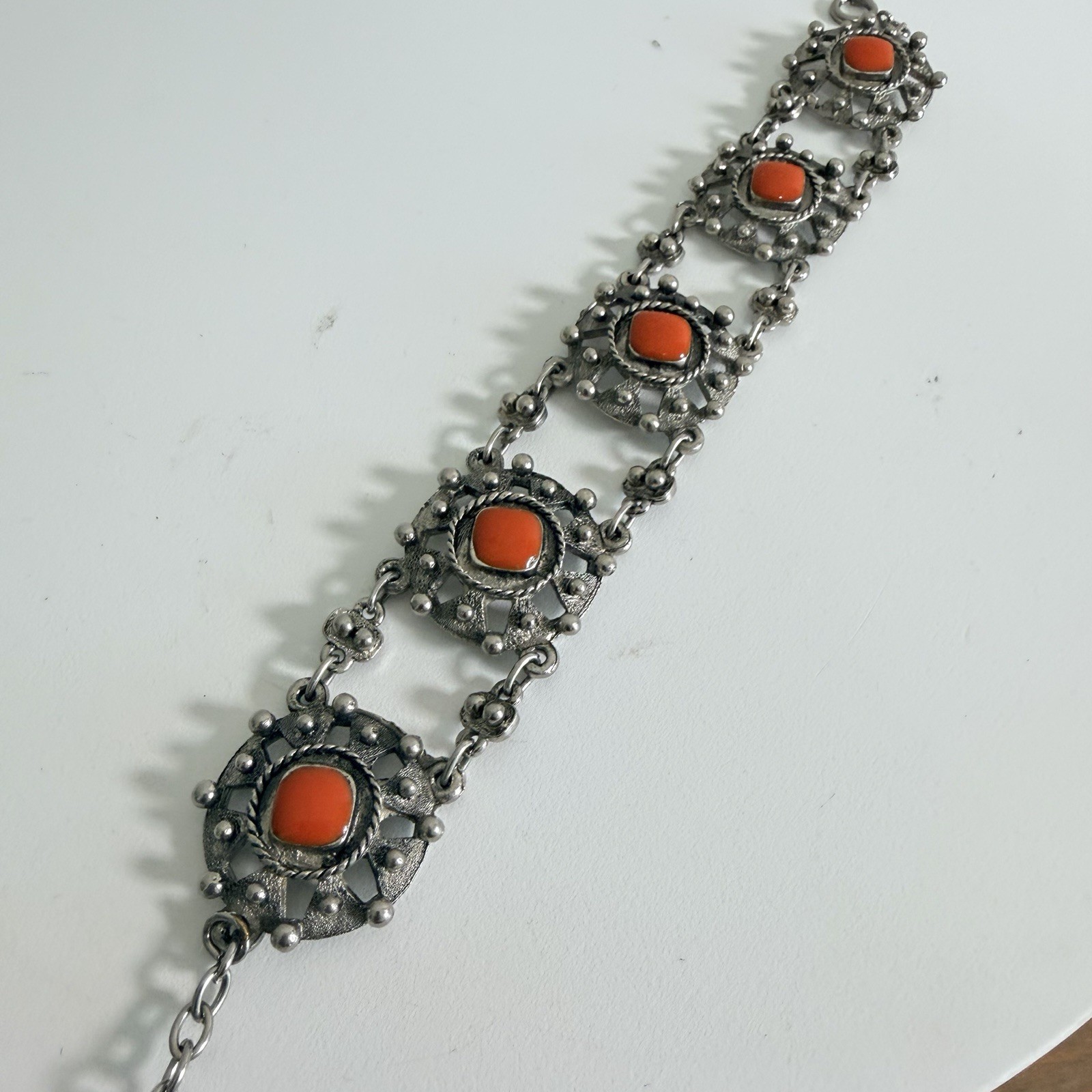 Vintage Souvenir Du Maroc Ornate Silver Bracelet w Square Beads