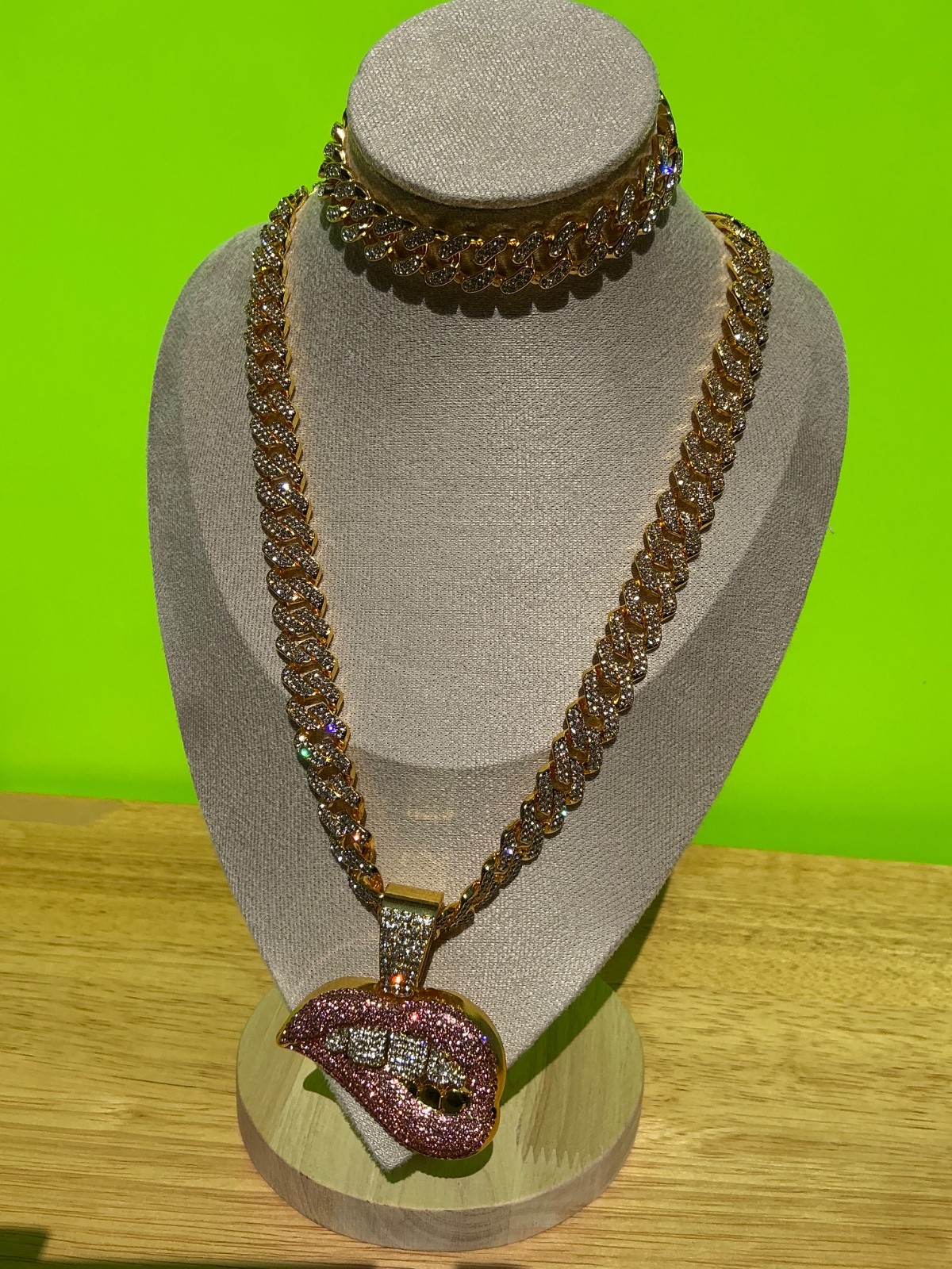 Biting Lip Pendant Necklace Bracelet Lot Hip Hop Iced 20” Inches CZ Chain Cuban