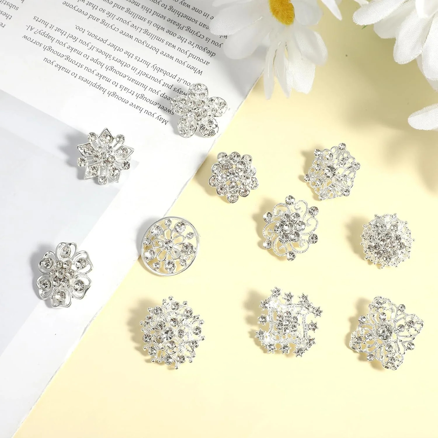12 Pieces Sliver Crystal Wedding Bouquet Brooches for Women, Rhinestone Flower B