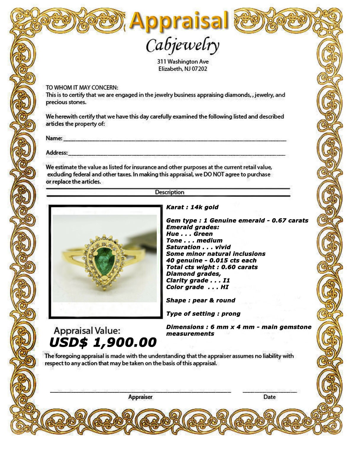 GENUINE 0.67 Cts EMERALD & DIAMOND RING 14k GOLD – NWT – Free Appraisal Service