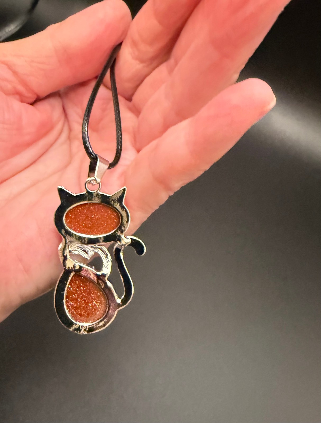 Red-Brown Goldstone Glass Cat Pendant Necklace 21″ Waxed Cord /Stone of Ambition