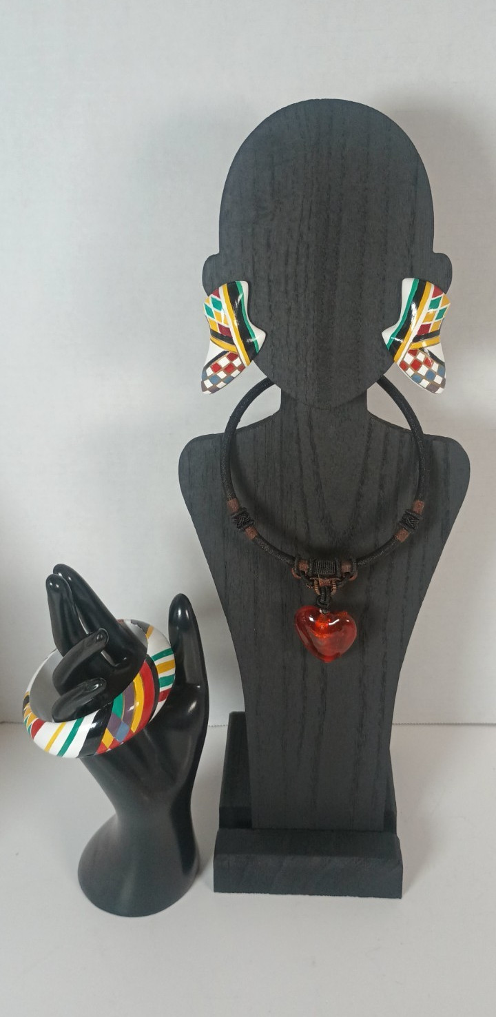 Multicolor Geometric Bracelet & Earrings Set & Red Heart Glass Pendant Necklace