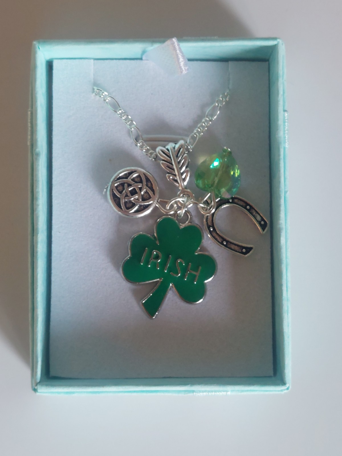 Sterling Silver 22 Inch Chain Green enamel Irish shamrock Serch Bythol heart