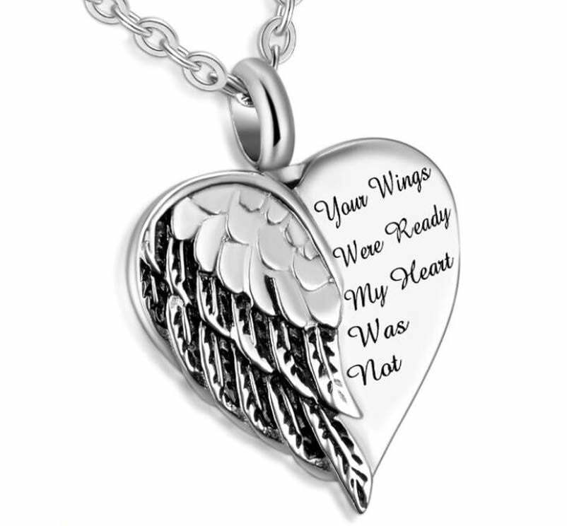 Stainless Steel Angel Heart Wings Ashes Keepsake Cremation Memorial Urn Necklace