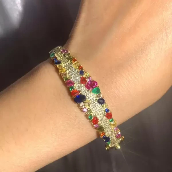 10 Ctw Created Multicolor Sapphire Cluster Rainbow Bangle 14k Yellow Gold Plated