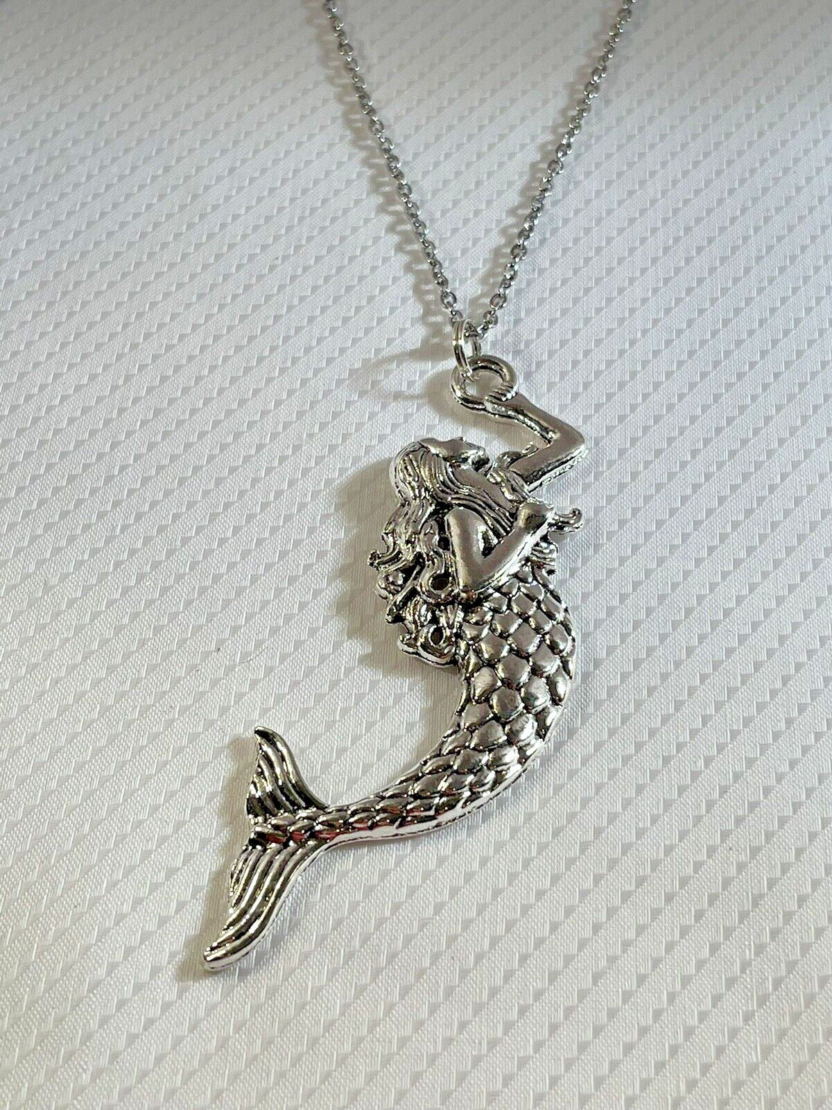 Mermaid Silver Pendant Necklace Stainless 20” Coastal Sea Life Jewelry NEW