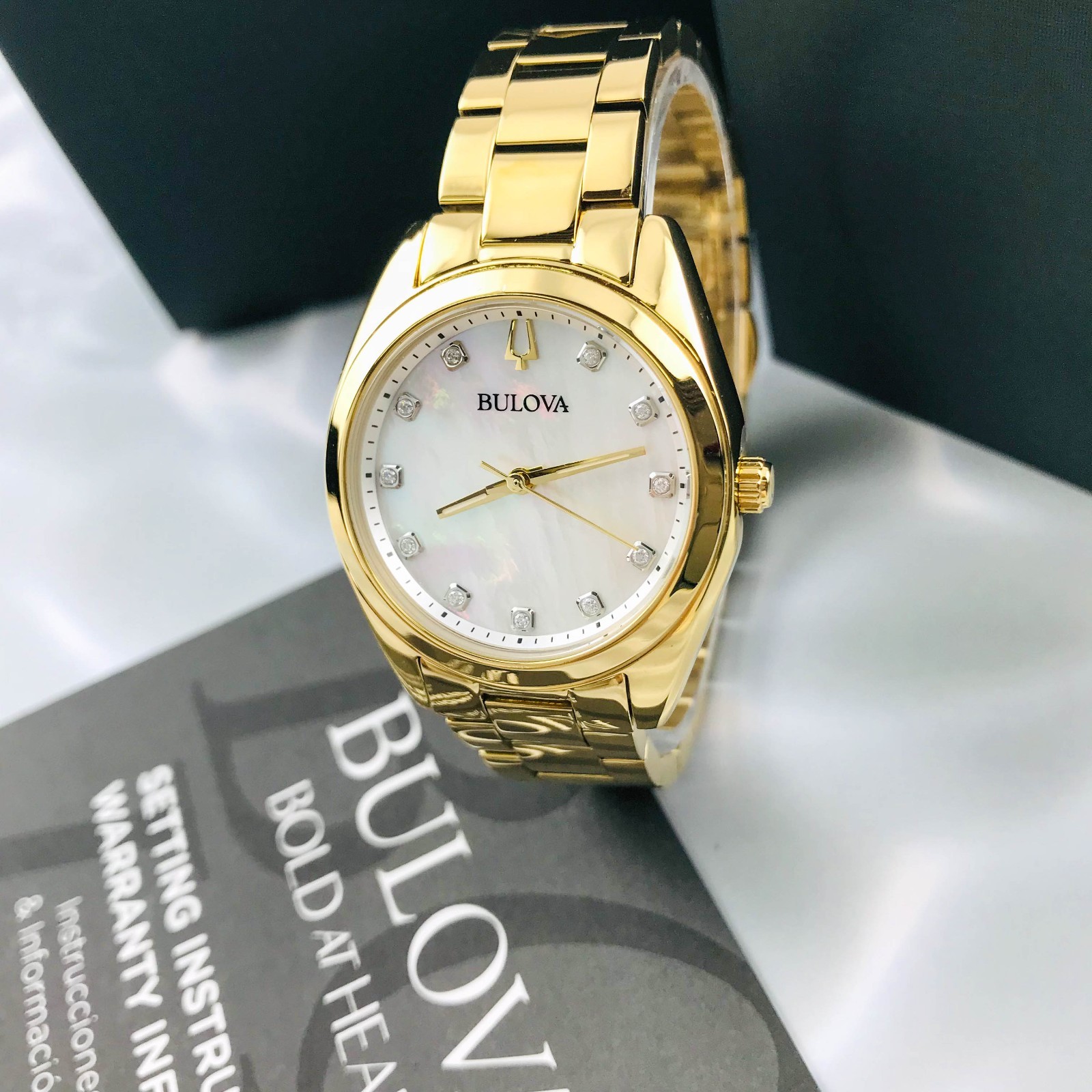 Bulova Women’s Surveyor 97P172 Mother-of-Pearl Diamond Dial Gold-Tone Watch 31mm