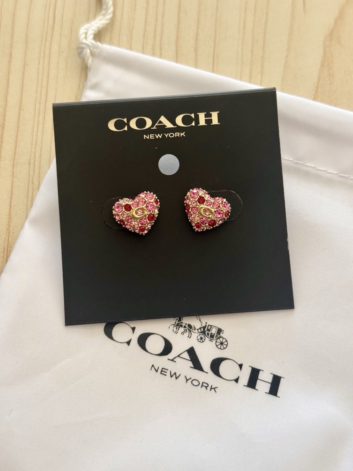 NWT Coach Pavé Heart Stud Earrings with dust bag Gold/Pink Limited Edition