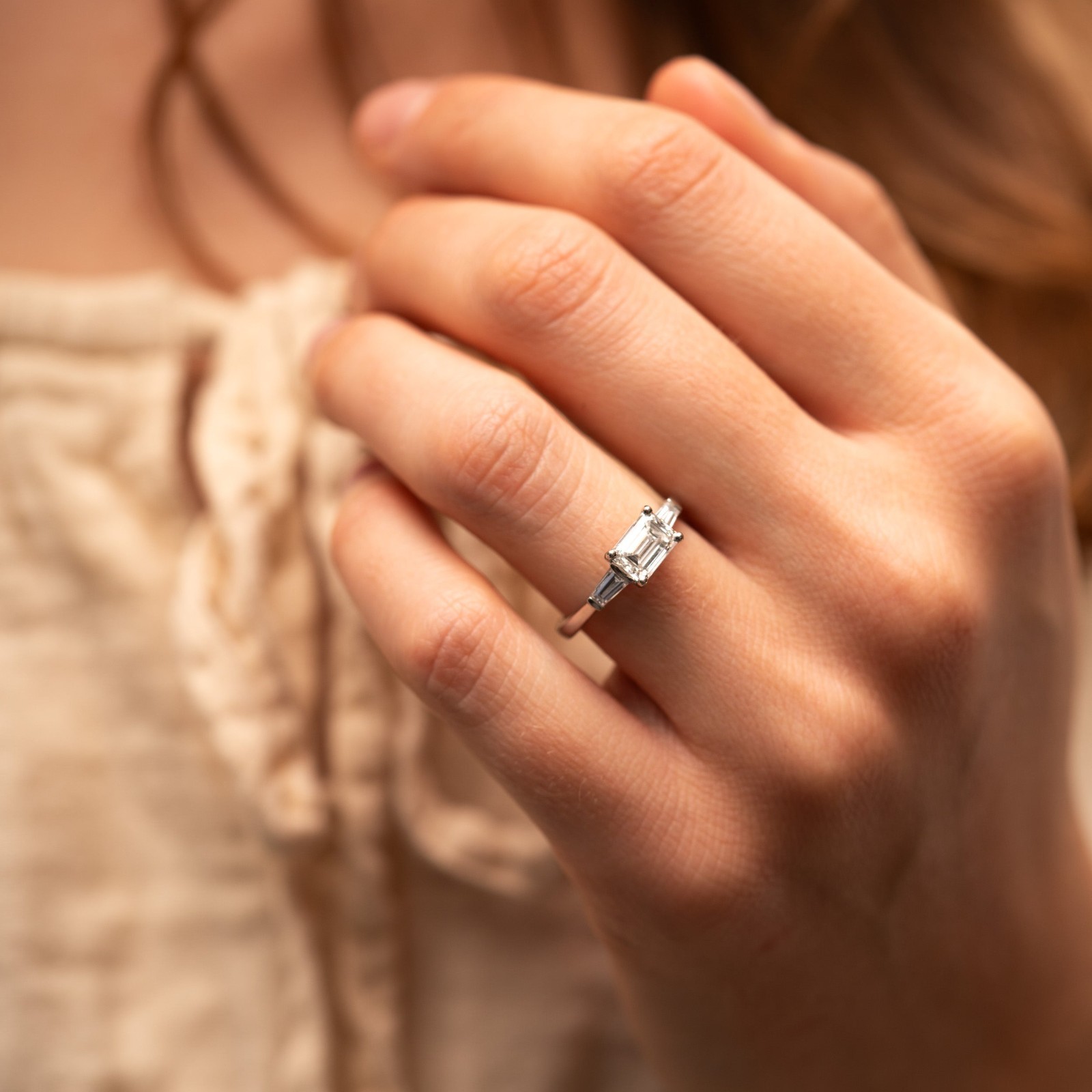 Emerald & Tapered Baguette Cut Lab Created Diamond Cluster Three Stone Ring