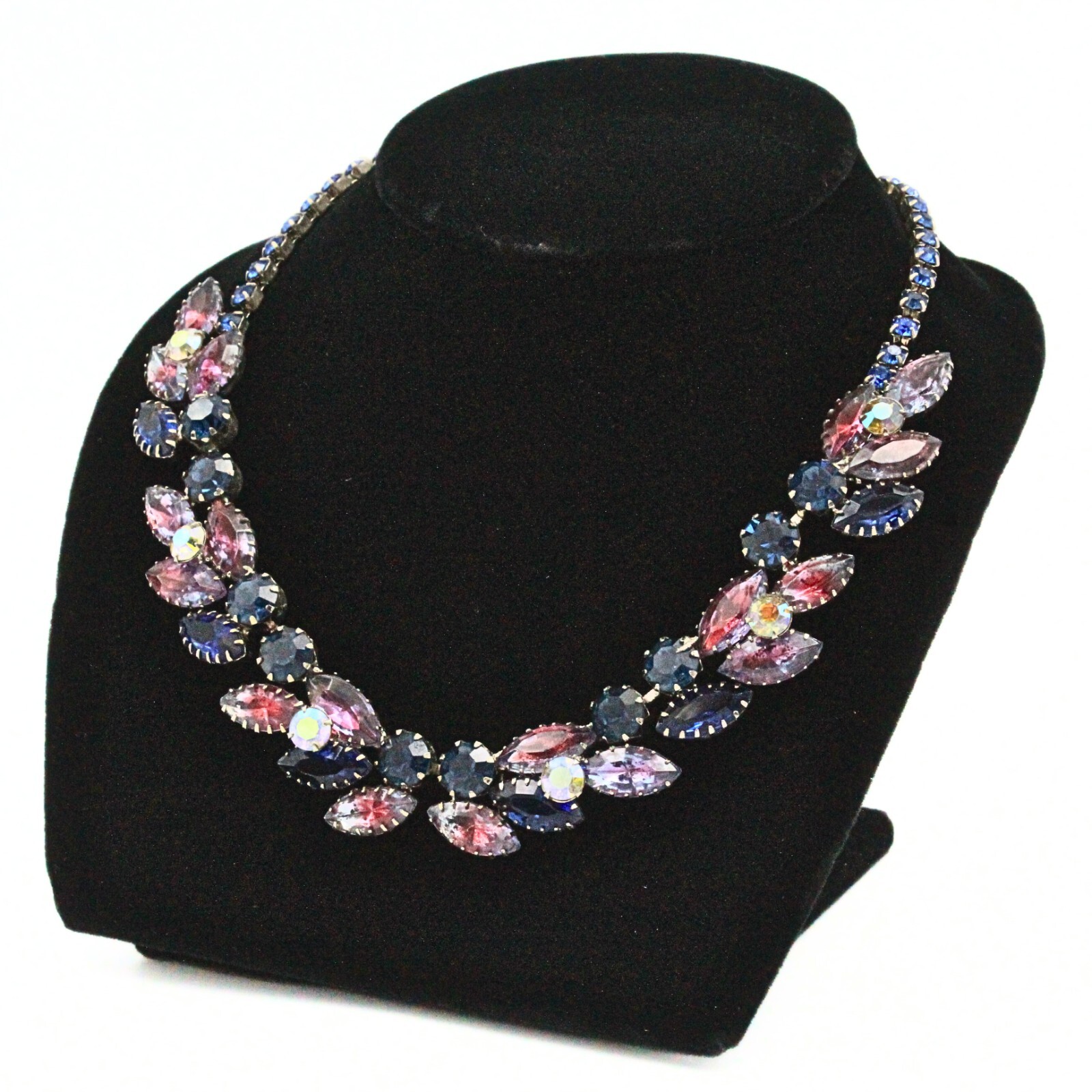 Stunning High End Blue Pink Foil Backed Rhinestones Silver Tone Necklace