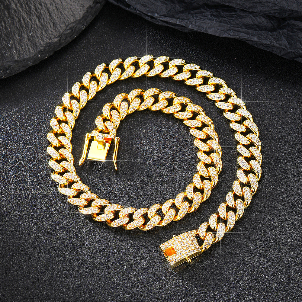 12MM Gold Plated Iced CZ Out Cuban Chain Set Classic Cuban Link Chain/Necklace