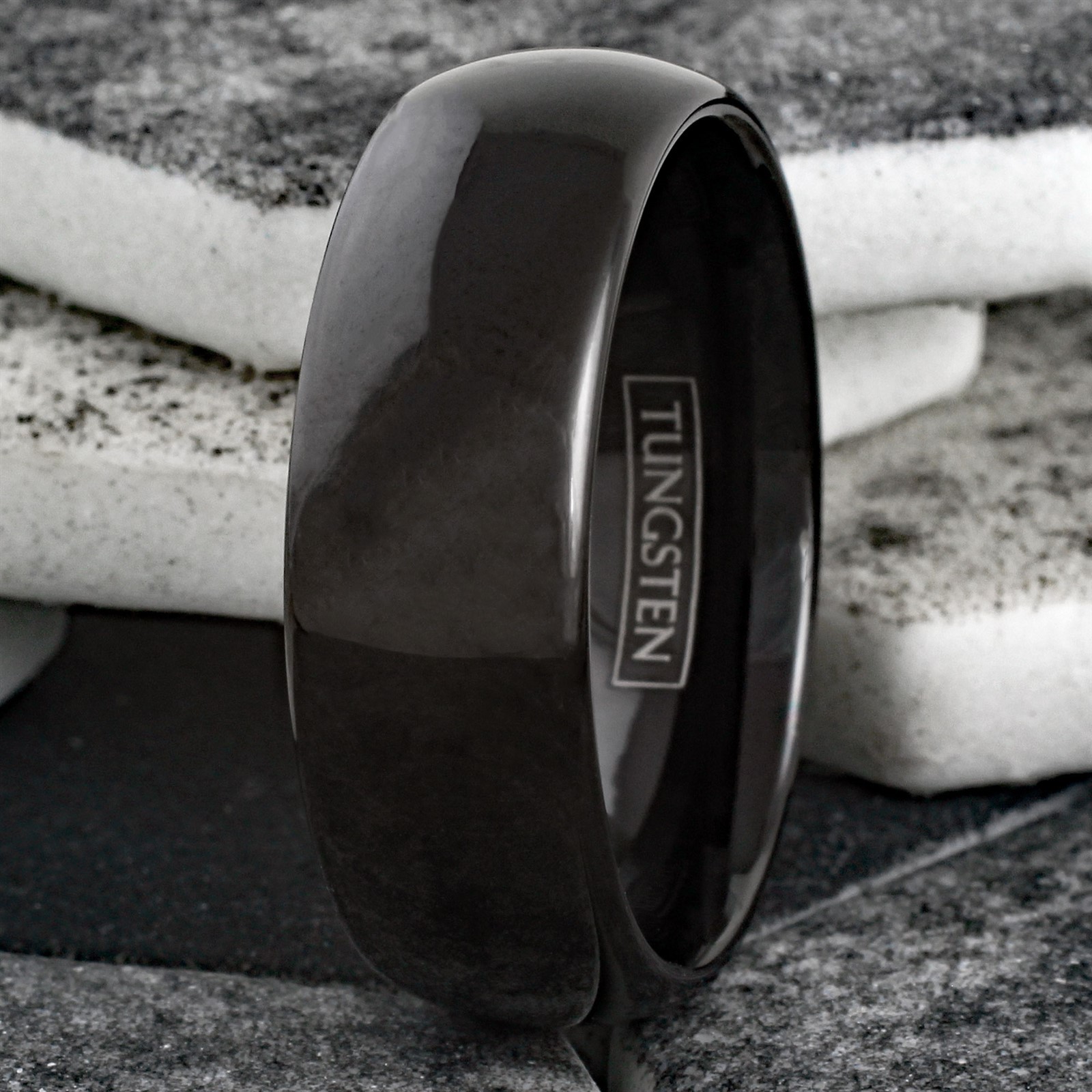 6/8mm Tungsten Carbide Polished Black Plain Domed Comfort Fit Wedding Band Ring