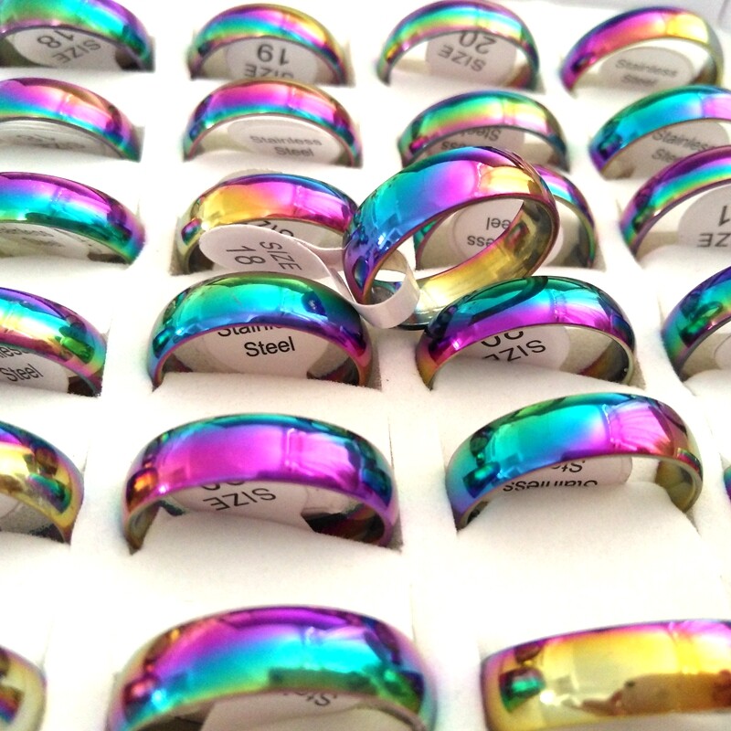 Bulk Lots 100pcs Stainless Stee 6MM Rainbow Band Ring Classic Jewelry Size Mixed