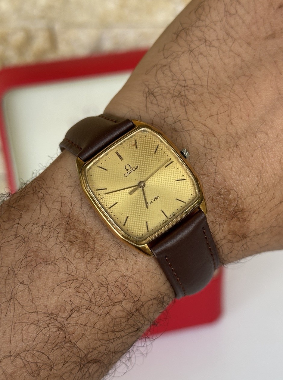 Vintage Omega De Ville 191.0182 Gold Plated Quartz 30x37mm Tapestry Dial Boxed