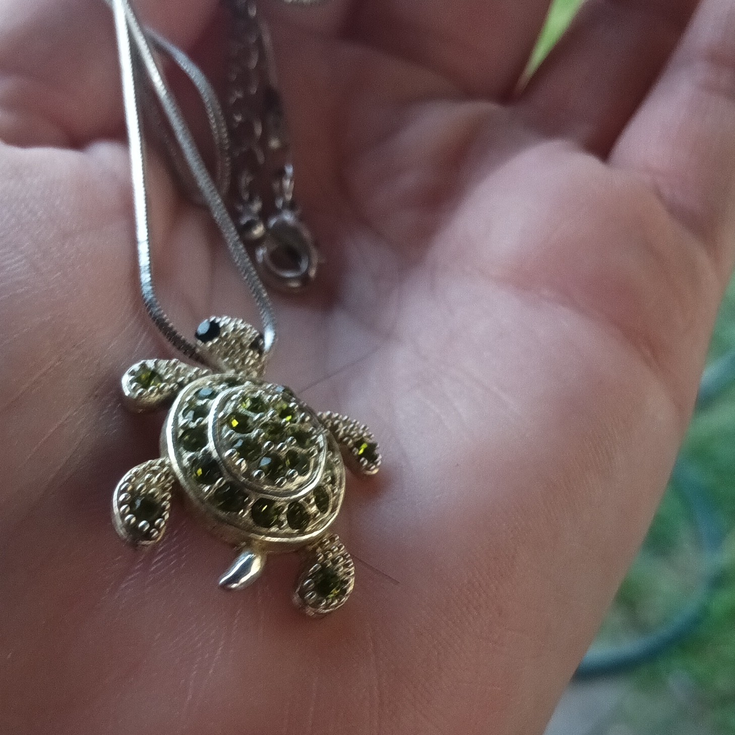 Gold Tone Green Crystal Turtle Charm Pendant Necklace, Snake Chain, Lobster