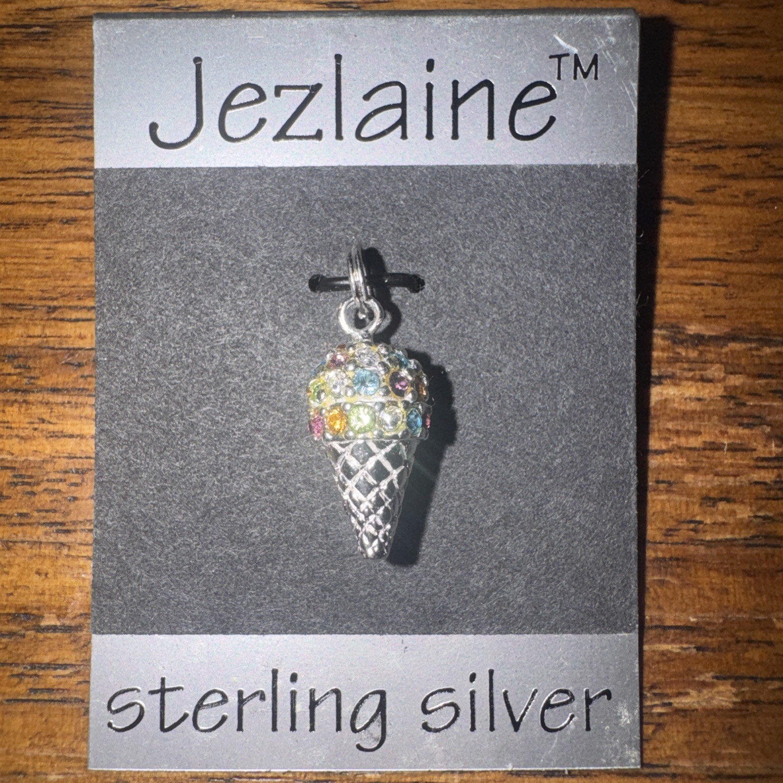Sterling Silver .925 Multi-Color Rhinestone ICE CREAM CONE Pendant NEW ON CARD
