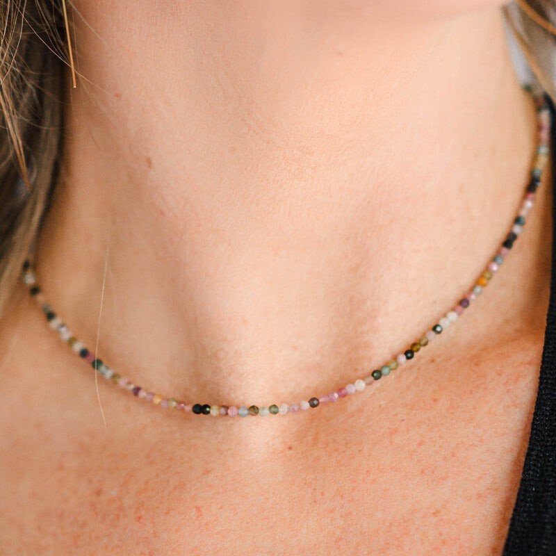 Natural Multicolor Tourmaline Beads Dainty Choker Gemstone Crystal Necklace Gift