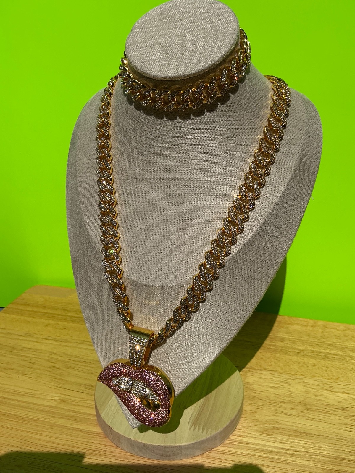 Biting Lip Pendant Necklace Bracelet Lot Hip Hop Iced 20” Inches CZ Chain Cuban