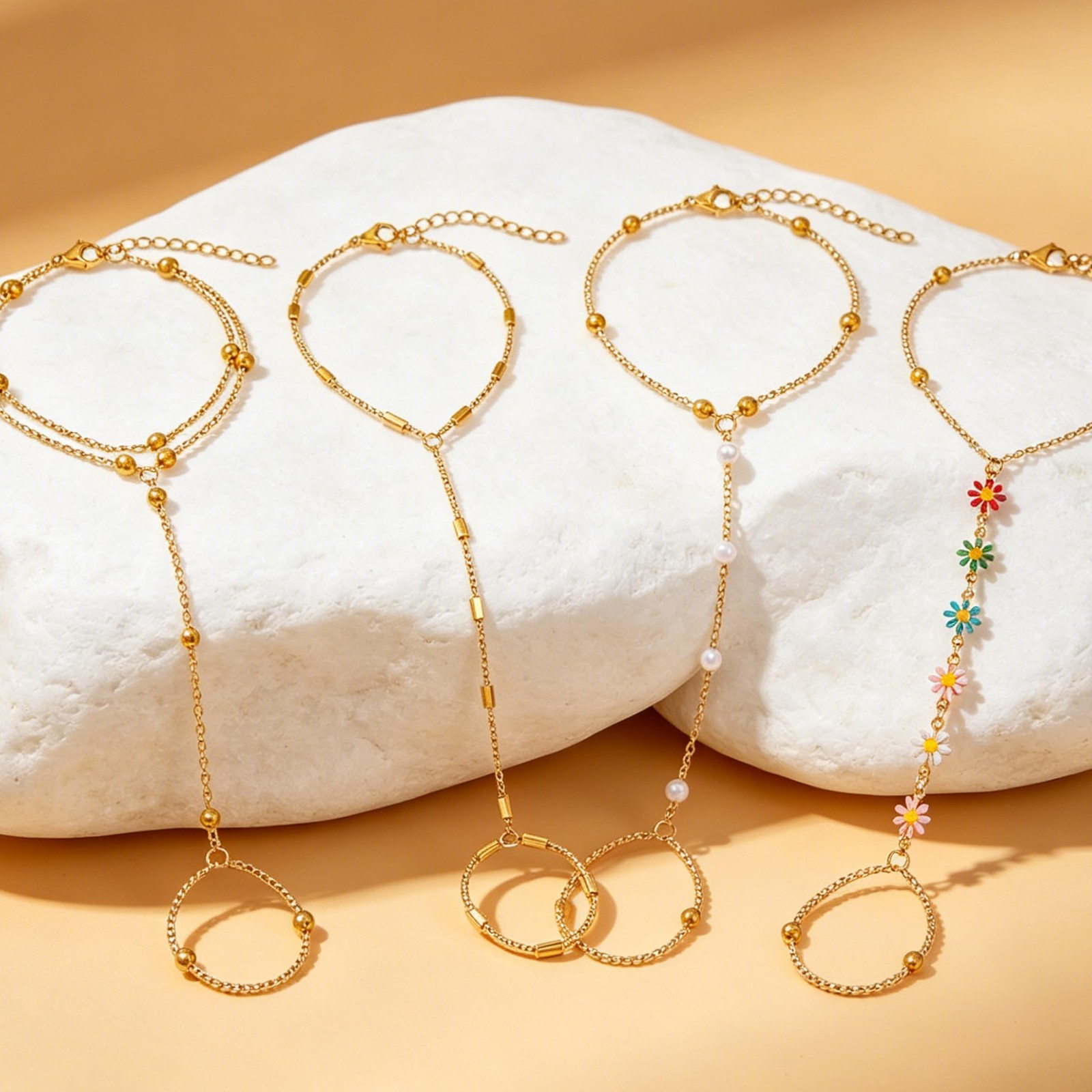 7Pcs 14K Gold Plated Hand Chain Bracelets for Women | Adjustable Stackable Jewel