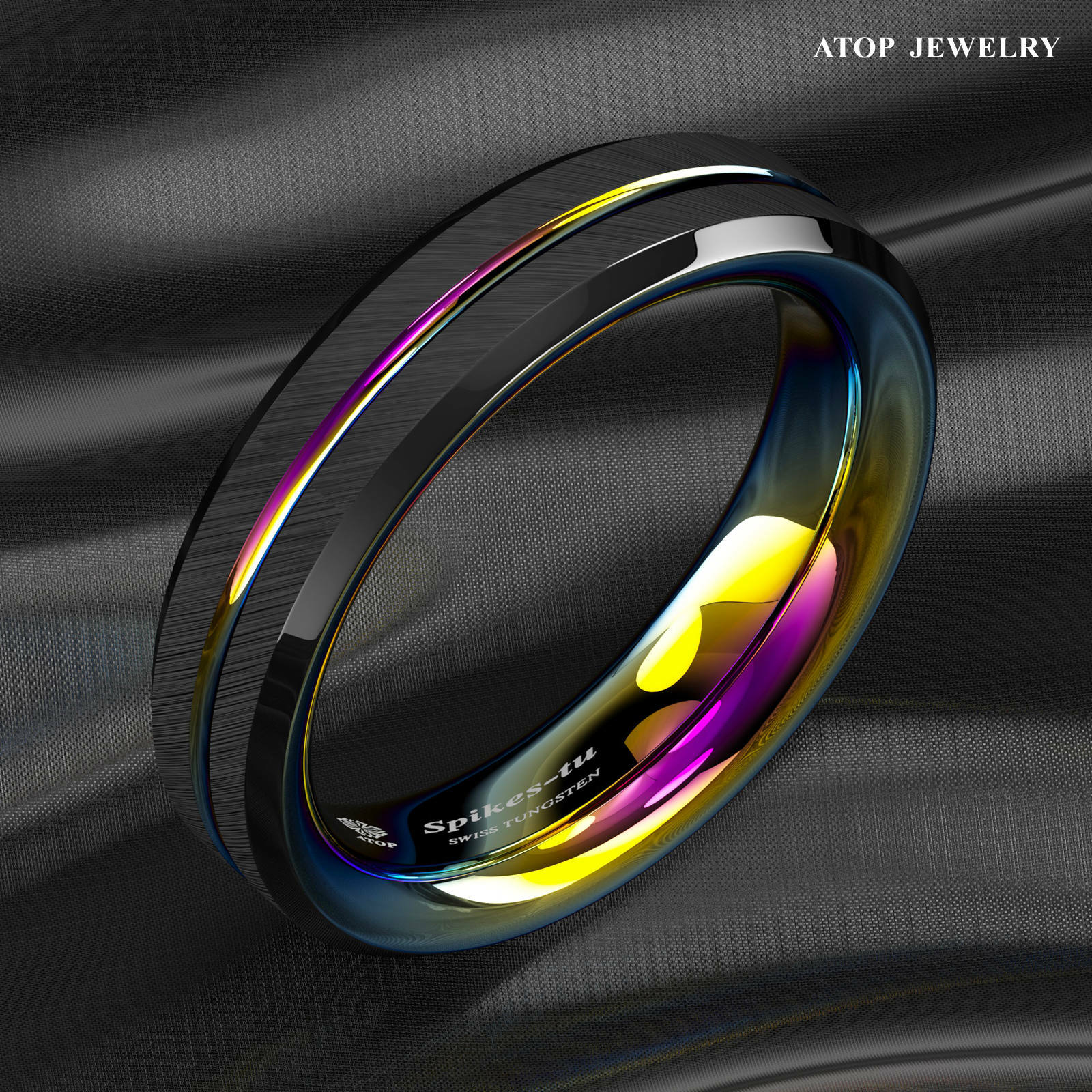 8/6mm Black Brushed Tungsten Carbide Ring Rainbow Line Wedding Band ATOP Jewelry