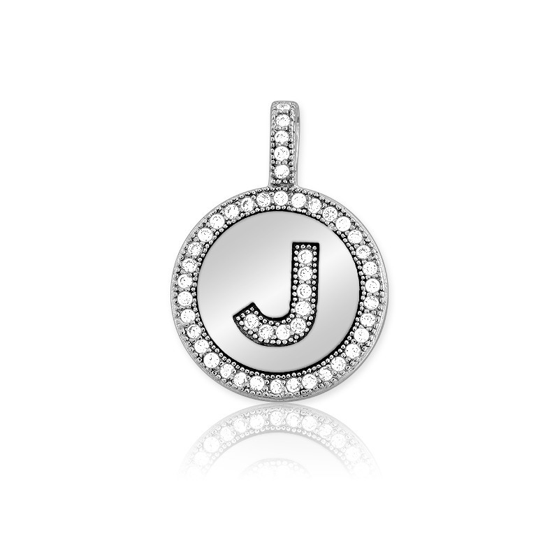 Sterling Silver Sparkling Micro Pave Circle “J” Pendant W/Chain Rhodium Plated