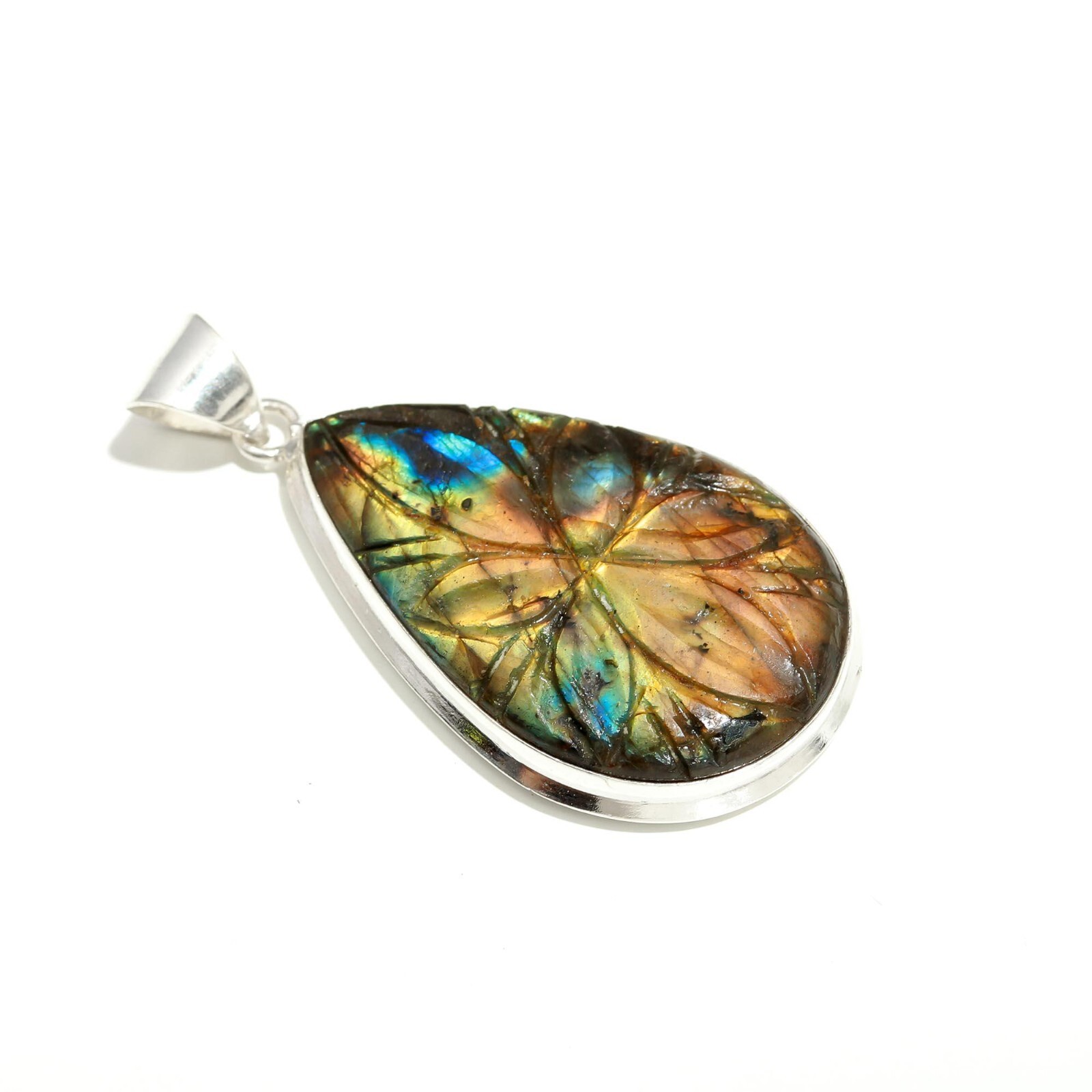 Natural Handmade Craved Labradorite Gemstone Pendant 925 Sterling Silver Jewelry