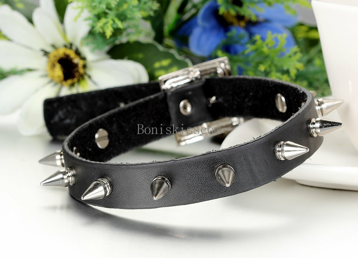 Punk Fashion Handmade Black Leather Spike Rivet Choker Collar Necklace w Buckle