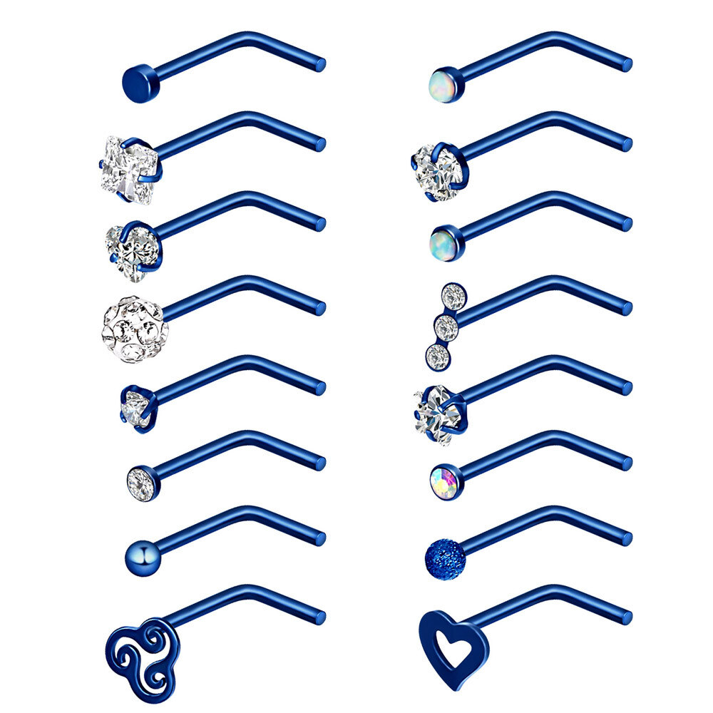 16Pcs Curved Nose Stud Surgical Steel Nose Ring Crystal L Bend Stud Piercing 20G