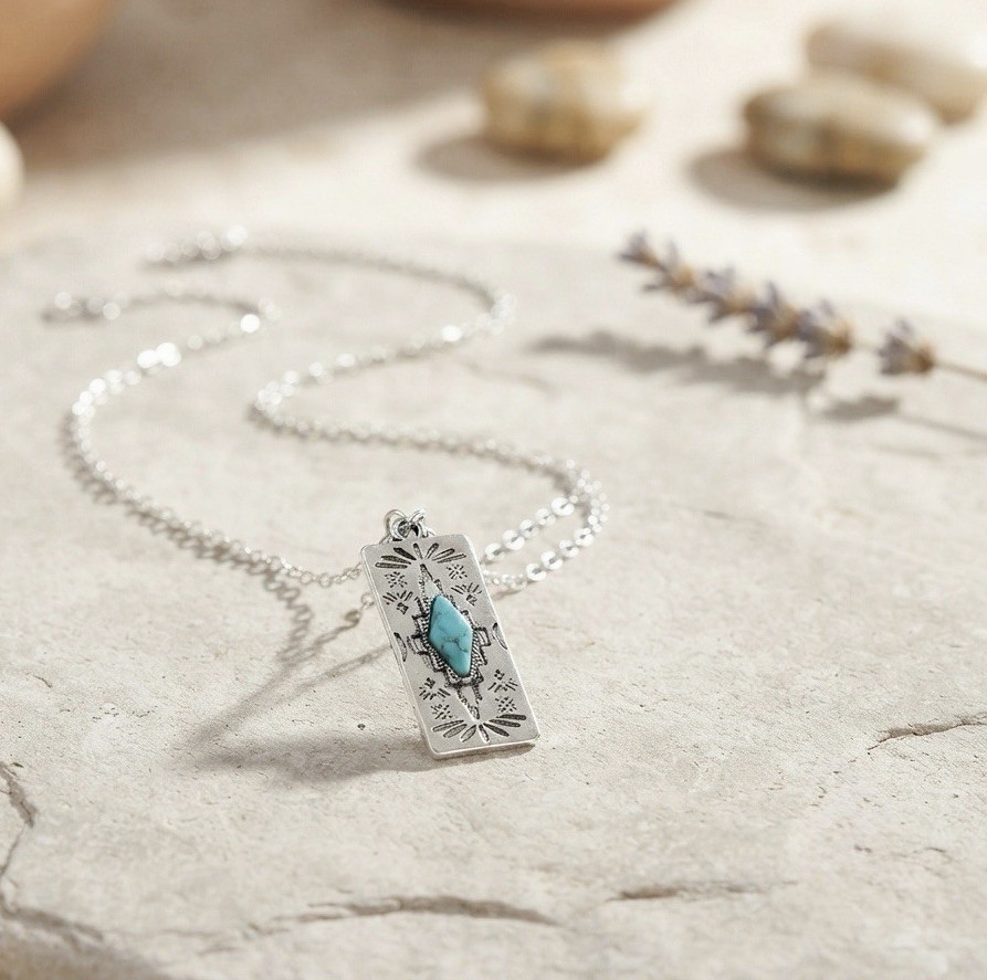Silver Tone Rectangle Pendant Necklace Chain 1 Turquoise Blue Stone