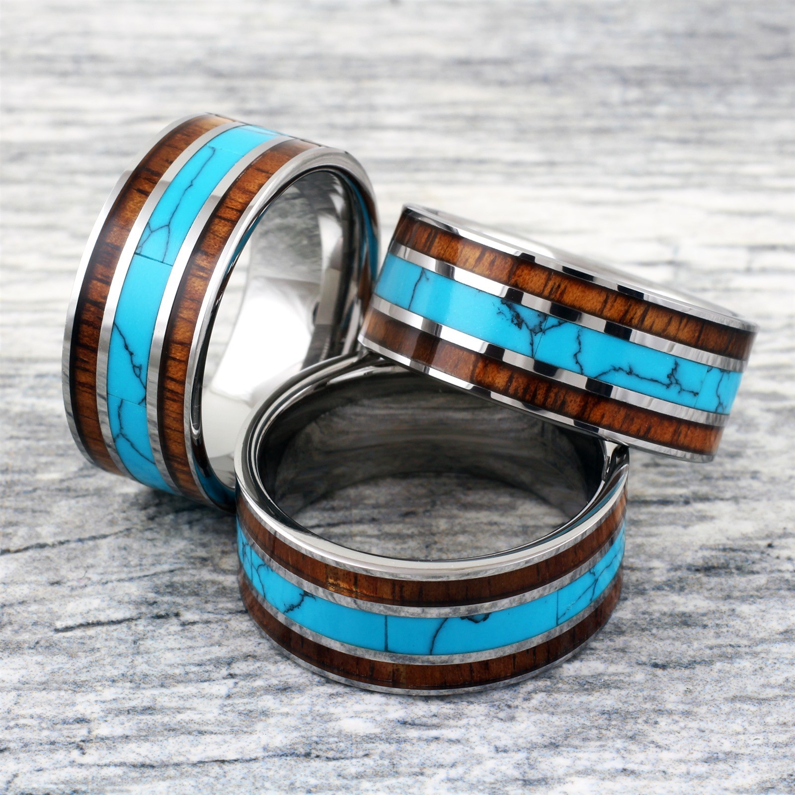 10mm Tungsten Men’s Turquoise and Double Hawaiian Koa Wood Wedding Band