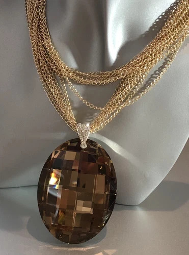 14K Gold Plated Chain Brown Big Oval Pendant Sweater Necklace Toggle Clasp