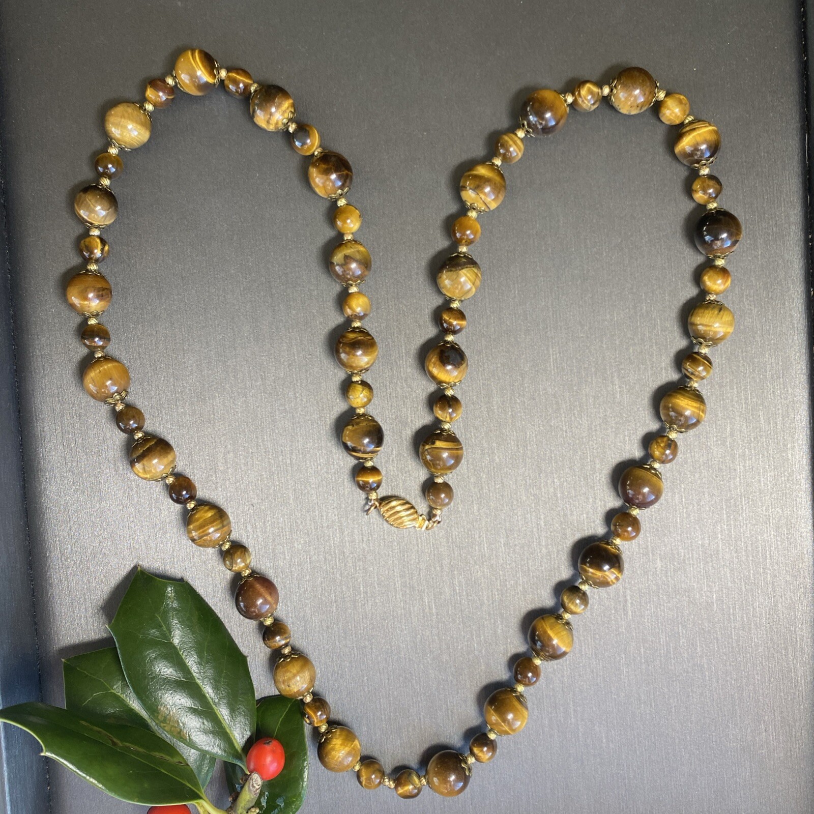 Vintage Tigers Eye Necklace Estate Fine Jewelry Pre-Owned Floral Filigree 25″