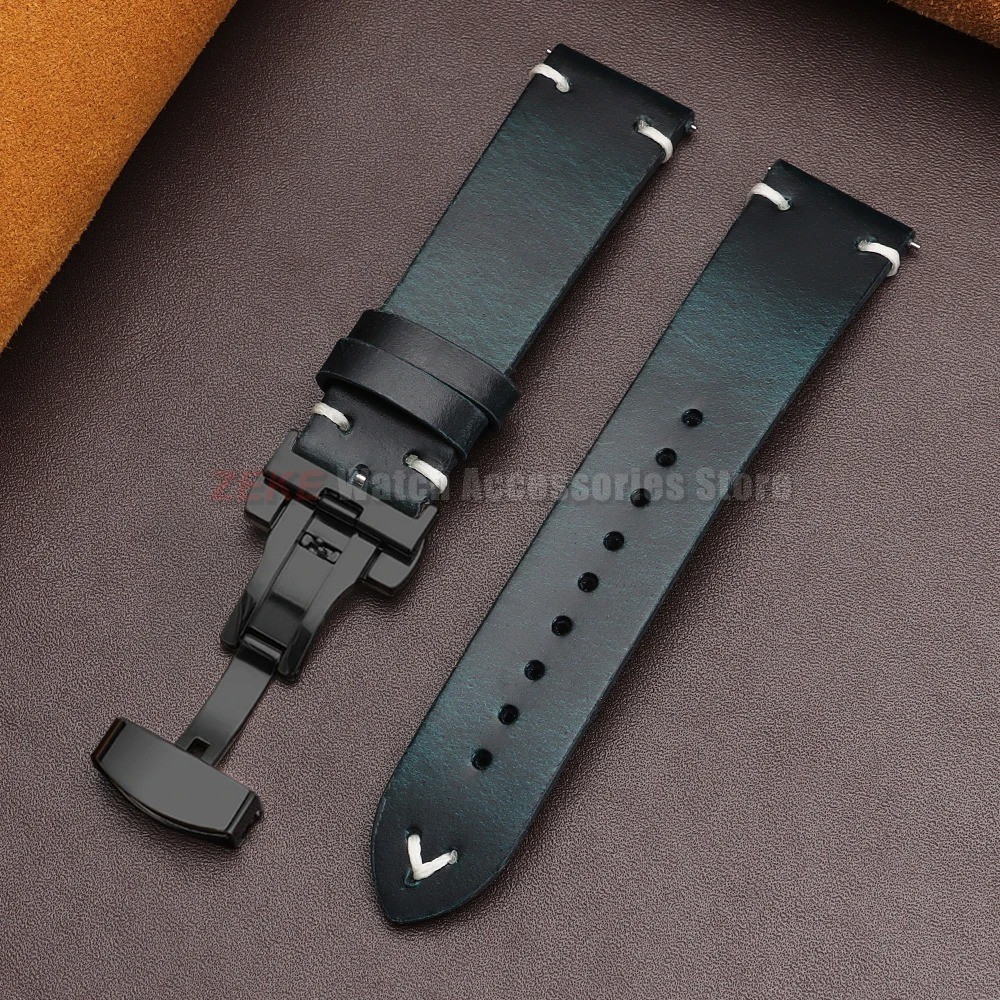 Genuine Leather Butterfly Buckle Watch Bands 18/20/22mm Waterproof Retro Oil Wax