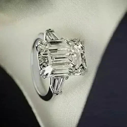 4Ct Emerald Cut Lab Created Diamond Engagement Ring 14k White Gold Plated