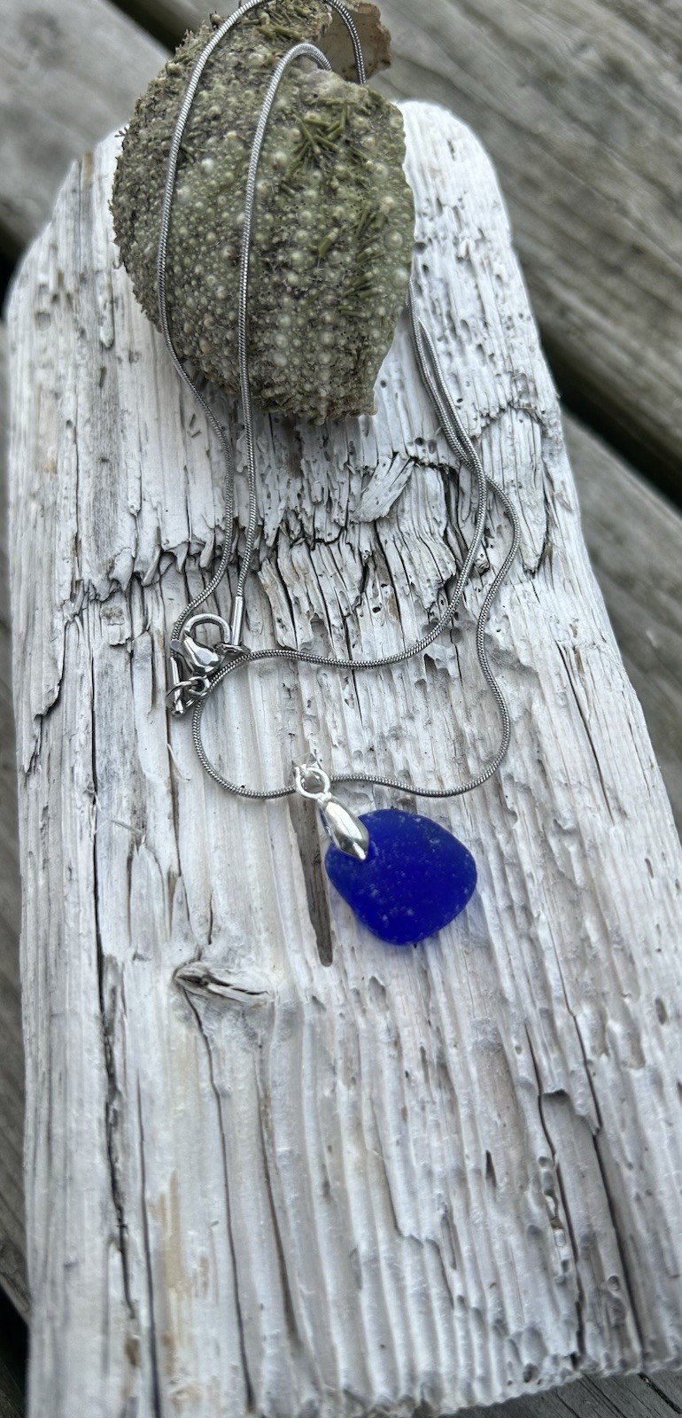 Genuine Sea Glass Necklace Cobalt Blue Snake Chain 18 Inch