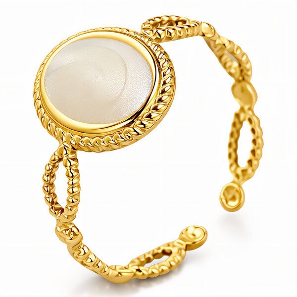 18K Gold Plated Stainless Steel Nacre Pearl Ring Adjustable Waterproof Hypoaller