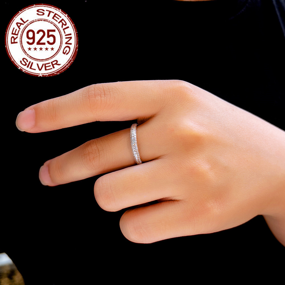 Solid Sterling Silver Cubic Zircon Full Paved Wedding Ring Women Engagement Gift