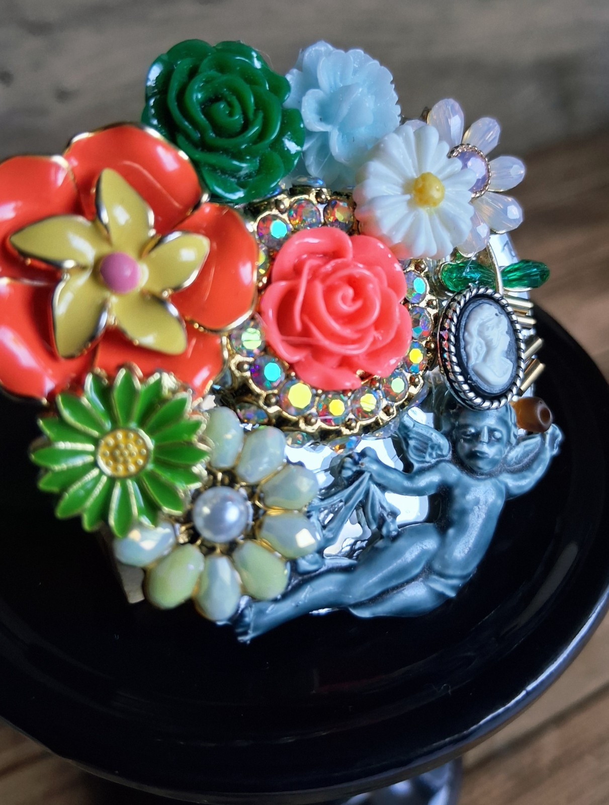 Handmade Flowers Cherub Pink Blue Green Orange Whimsical Fashion Art Pin Brooch